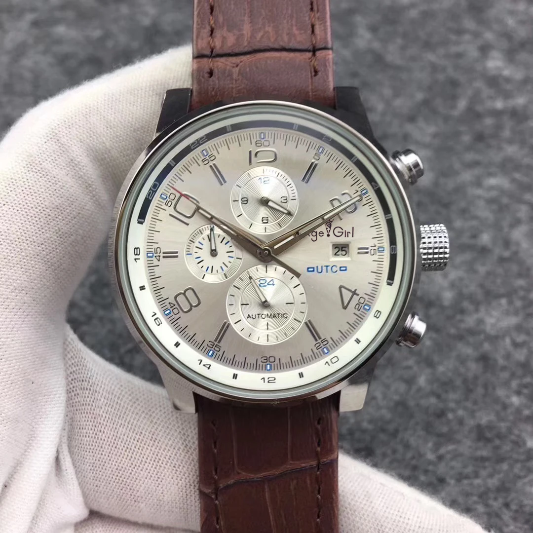 Brown Leather Роскошные Брендовые мужские автоматические механические часы из нержавеющей стали черные кожаные светящиеся часы с календарем сапфировое стекло UTC Limited AAA - Цвет: Brown Leather