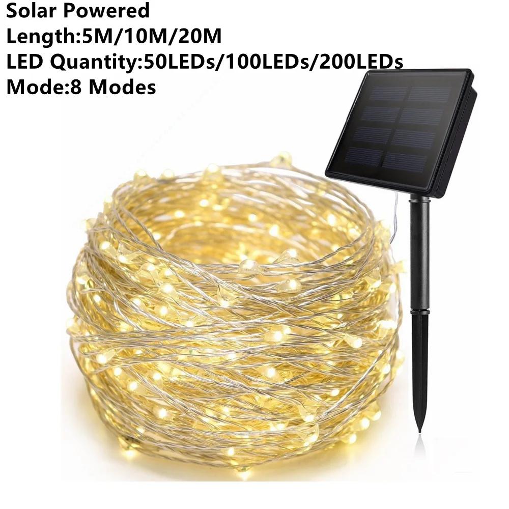 Solar Powered Рождественская елка Гирлянды Гирлянда Медный провод светодиодный строка 1/2/5/10/20 м для дома и улицы Свадебная Hoom украшения лампа - Испускаемый цвет: Solar Powered