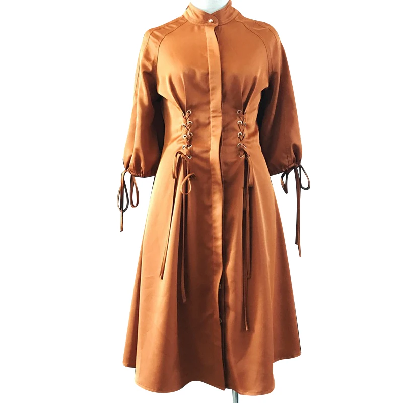 Brown Dress TWOTWINSTYLE платья для женщин со стоячим воротником и рукавом-фонариком Бандажное платье миди с высокой талией Женская винтажная элегантная одежда - Цвет: Brown Dress