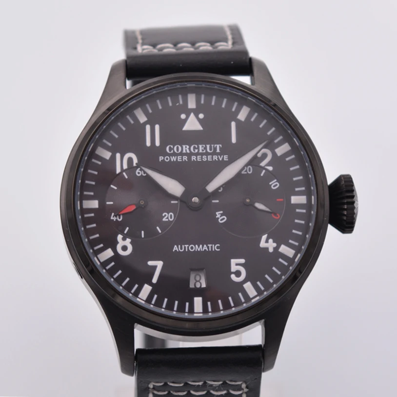 

Corgeut 42mm black dial Power Reserve Date Window Leather Automaitc Men Watchs D2