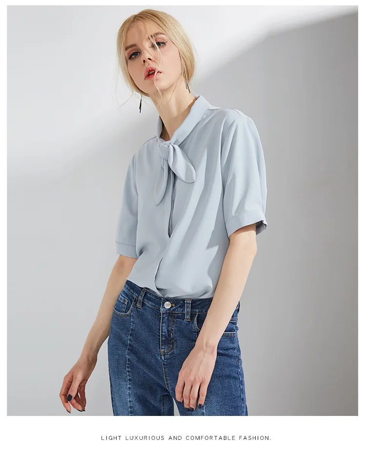 Chiffon Blouse Ladies Bow Collar Short Sleeve Summer New Leisure Blusas Mujer De Moda White Blue and Violet Color
