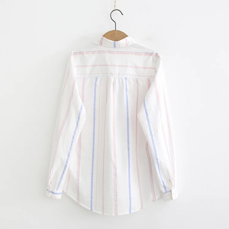 Blusas mujer chemisier femme mori/осенне-зимняя японская короткая блуза в синюю полоску с длинными рукавами bluzki damskie