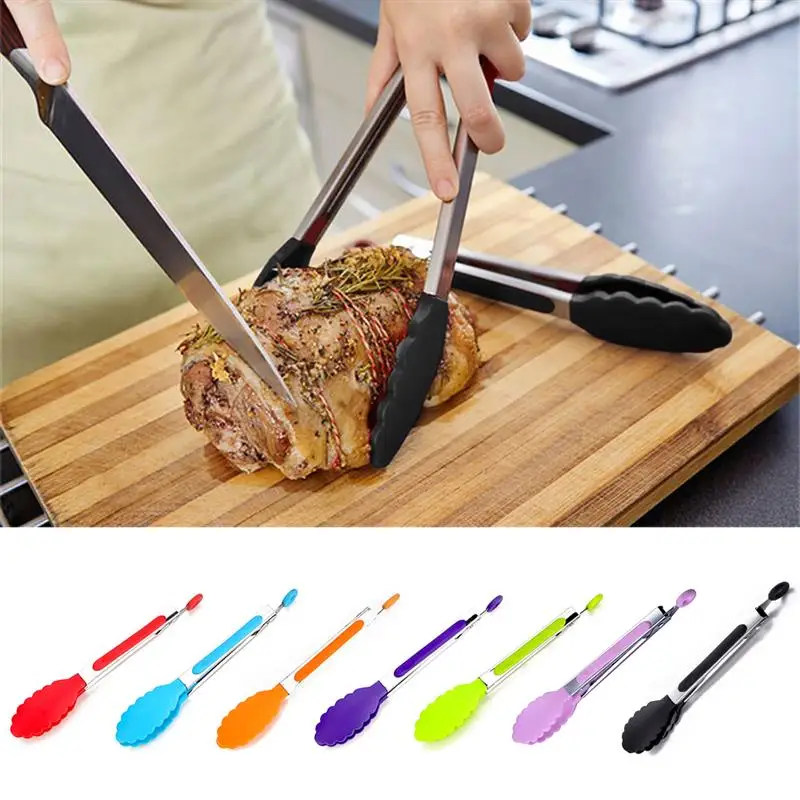 Food Grade Silicone Kitchen Tongs Stainless Steel Handle BBQ Tong Non-Slip  Serving BBQ Tong Salad