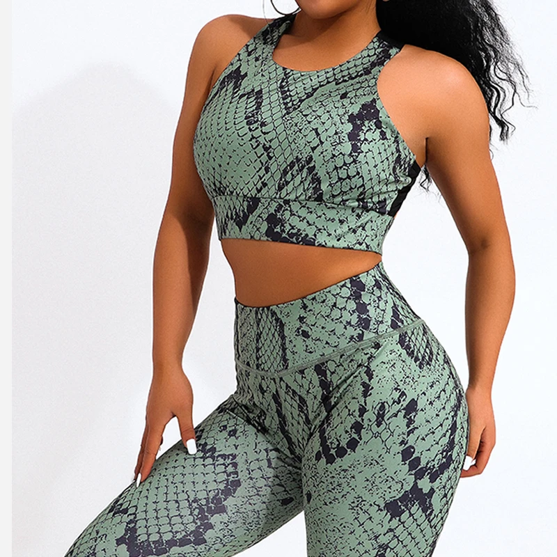 Conjunto de Yoga con estampado de serpiente para mujer, ropa deportiva con espalda entrecruzada, Leggings de Fitness, traje deportivo para entrenamiento, 2 piezas