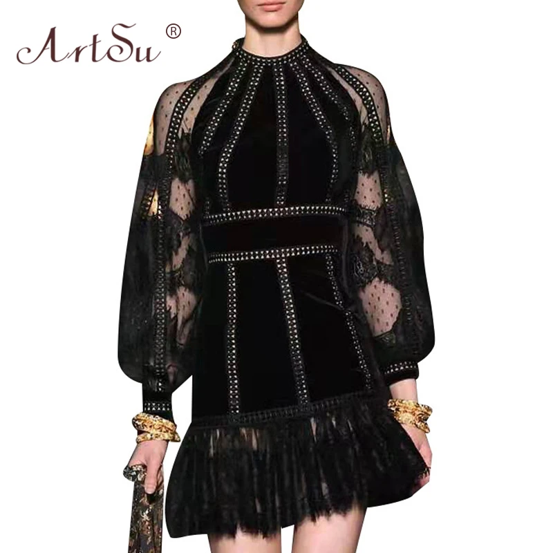 ArtSu 2019 женское модное черное платье с круглым вырезом из кусков вырезами