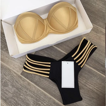 

Sexy Women Underwear Gold Bikini Set Casual Push Up Low Waist String Off-Shoulder Padded Bra Sexy Fashion Beachwear