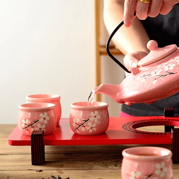 

Japanese tea set hand painted pottery household living room sakura cherry teapot teacup wedding gift teaware with tray