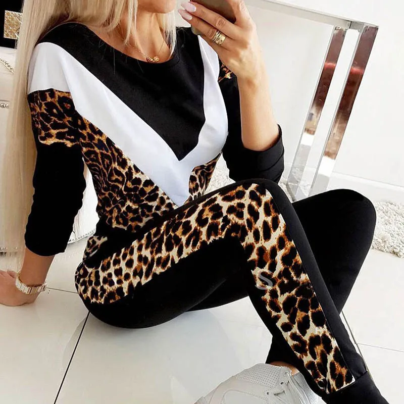 

2020 Women Spring Leopard Patchwork Suit Tracksuit Set Lady Autumn Casual Drawstring Two Piece Jogging Pants+Sweatshirt Suit
