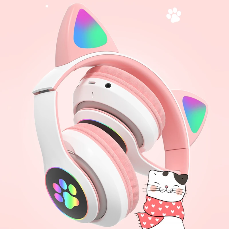 Цветная (RGB) кошачьими ушками наушники Bluetooth 5 0 бас Шум шумоподавления взрослые