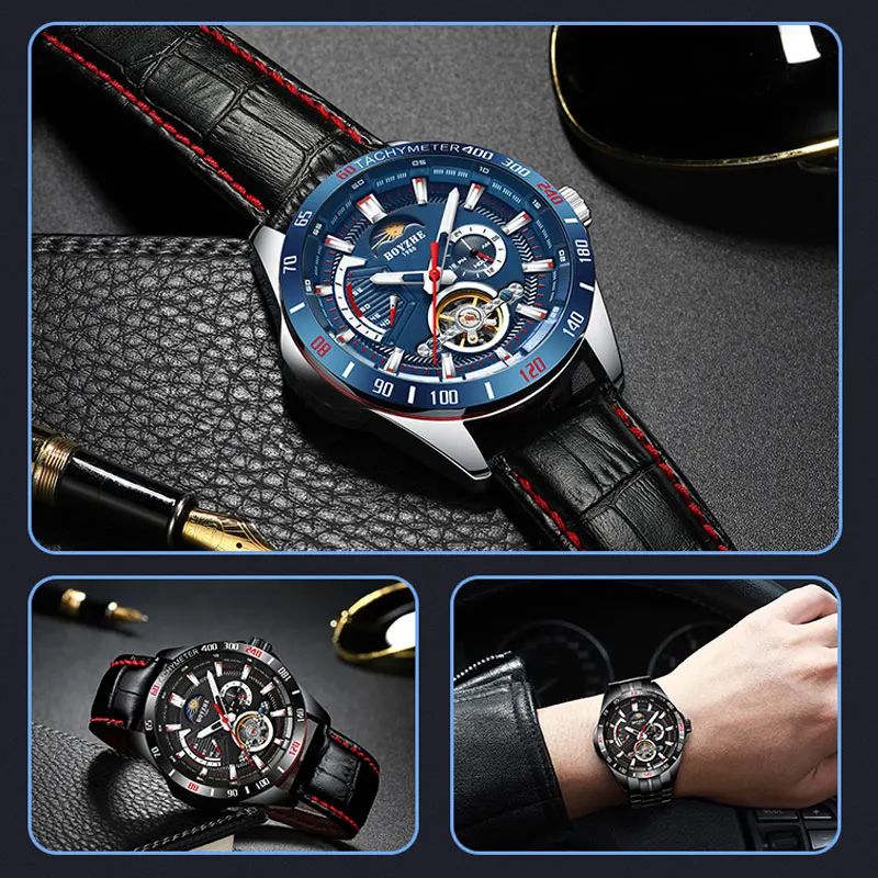 BOYZHE New Tourbillon watch men's business automatic mechanical watch male hollow watches waterproof moon phase luminous clock