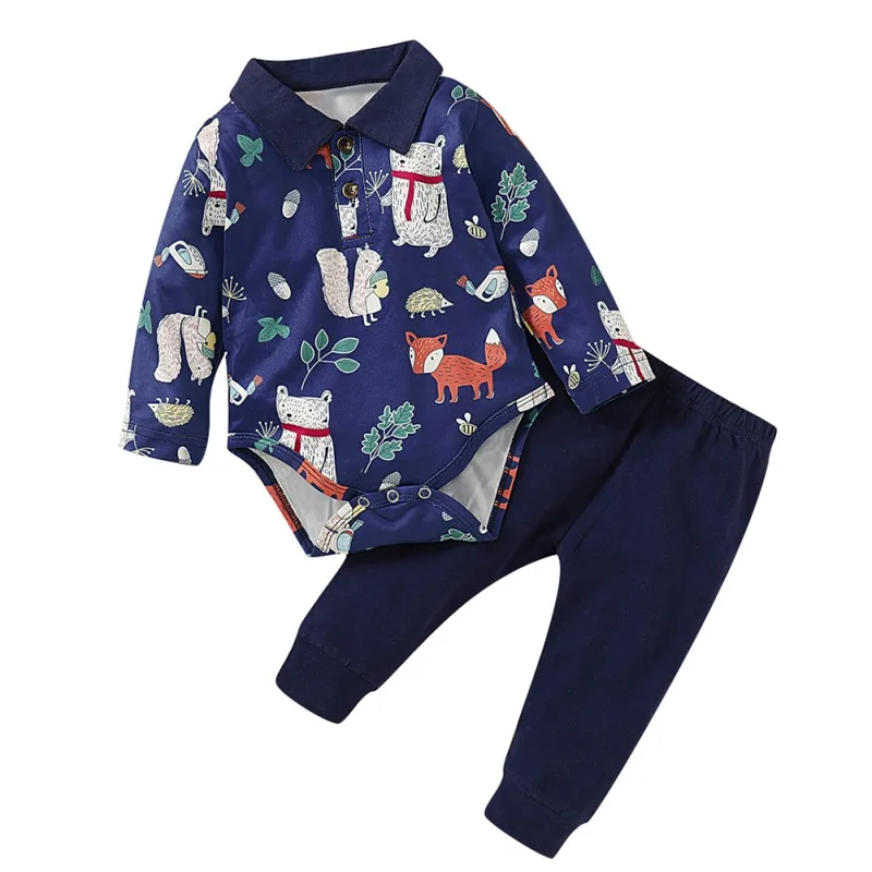 Одежда для малышей; Одежда для новорожденных мальчиков и девочек; боди с принтом животных+ штаны; комплект одежды с длинными рукавами для малышей - Цвет: Синий