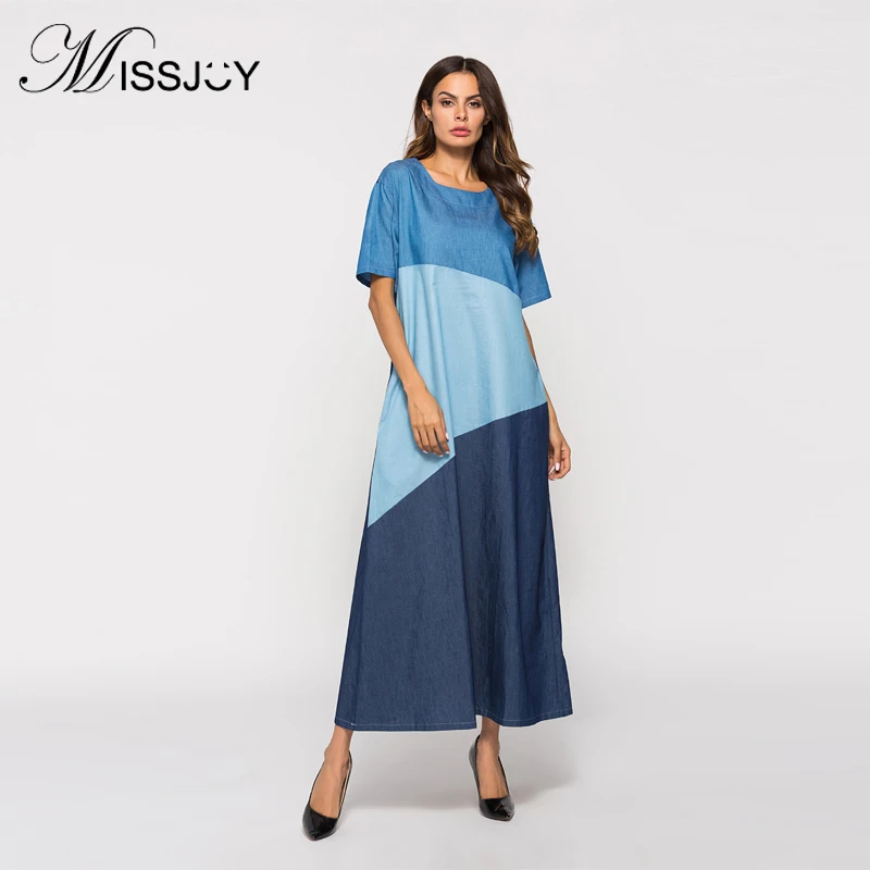 

Muslim National Women Arabian Denim short sleeve O-Neck Hui Muslim Dress hit color patchwork fashion Ankle-Length dress