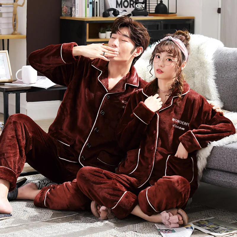 

1302 # White Lettered Emblem Wine Red HS Cardigan Couples Korean-style plus Velvet Long Sleeve Pajamas Homewear Set