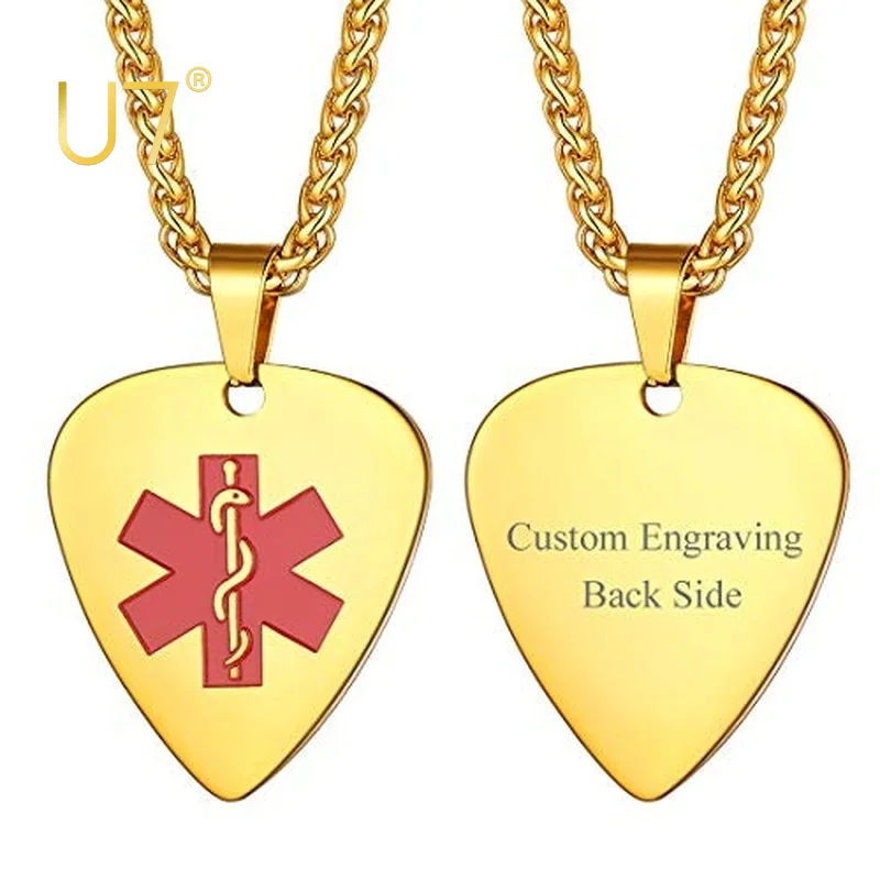 U7 Guitar Pick Necklace Gold Color Cool Mudic Tool Plate Pendant Personalized Medical ID Alert Necklaces for Men Women electric guitar parts metal bridge string through body ferrules bushing plate for guitar replacement