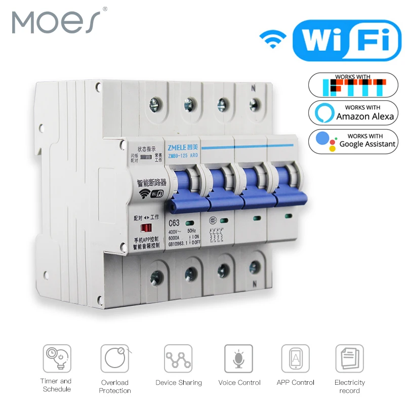 

4P WiFi Smart Circuit Breaker Switch Smart Home Automation Overload Short Circuit Voice Control with Amazon Alexa Google home