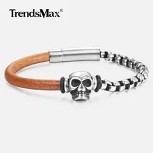 Trendsmax коричневый браслет из натуральной кожи в стиле панк с черепом для мужчин и мальчиков готический браслет из нержавеющей стали цепочка 8,5 дюймов браслеты DLB148
