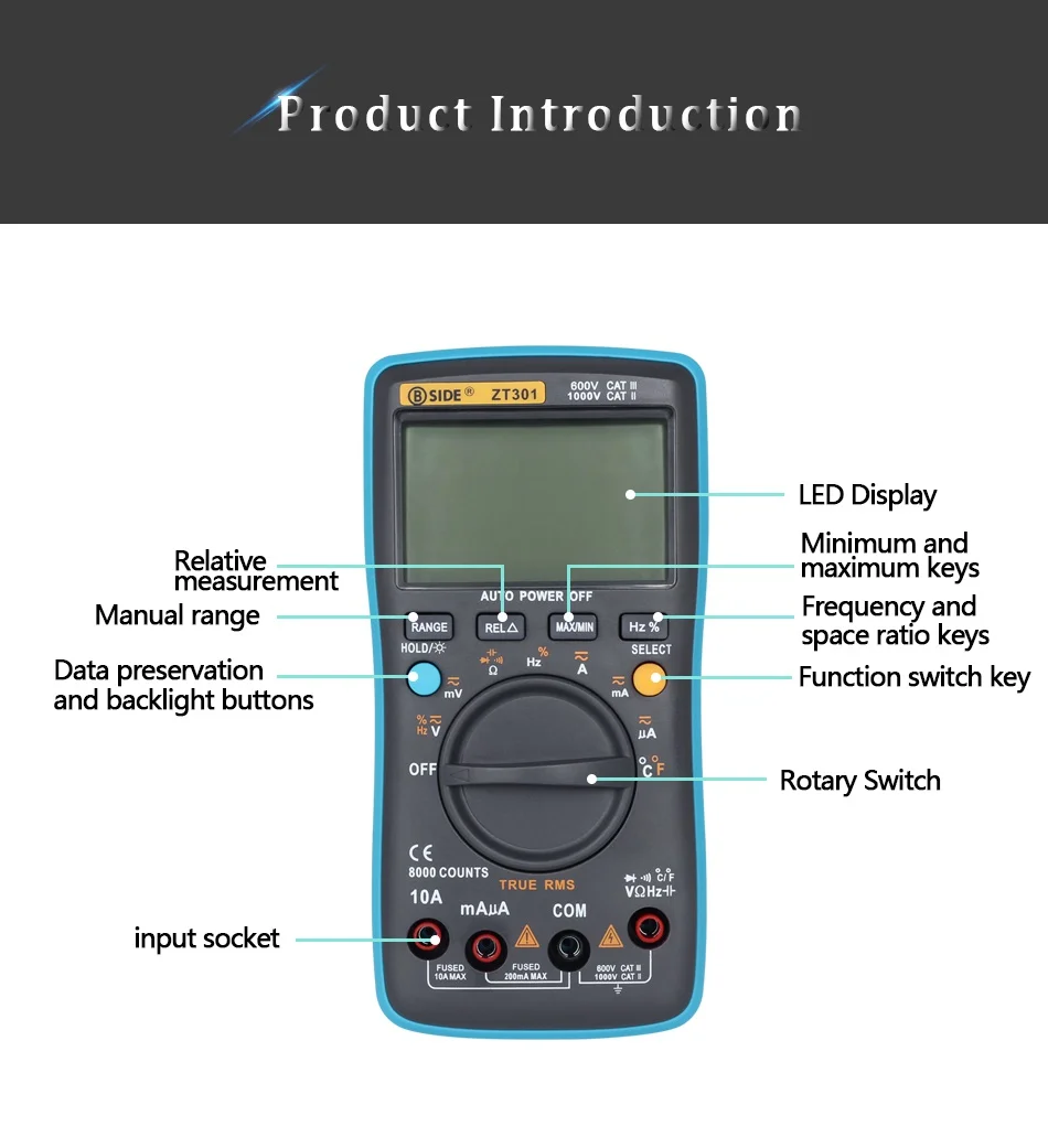 BSIDE ZT302 Цифровой мультиметр 8000 9999 отсчетов True RMS Многофункциональный AC/DC напряжение Температура Емкость Тестер DMM