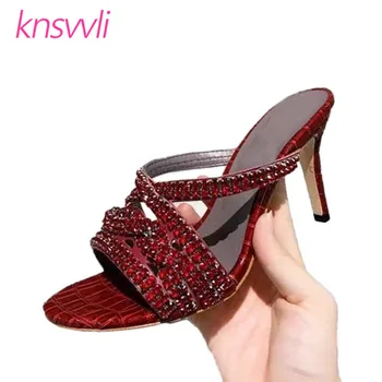 

Rhinestone High Heels Slippers Women Crystal Ladies Mules Runway Summer Sandals Designer Glitter Stiletto Party Shoes Woman