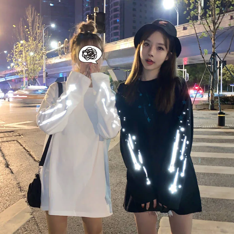 Женская футболка, осенняя, негабаритная, Harajuku, футболка, уличная, крутая, с принтом, футболка, лазерный светоотражающий Топ, приталенная, модная, футболка