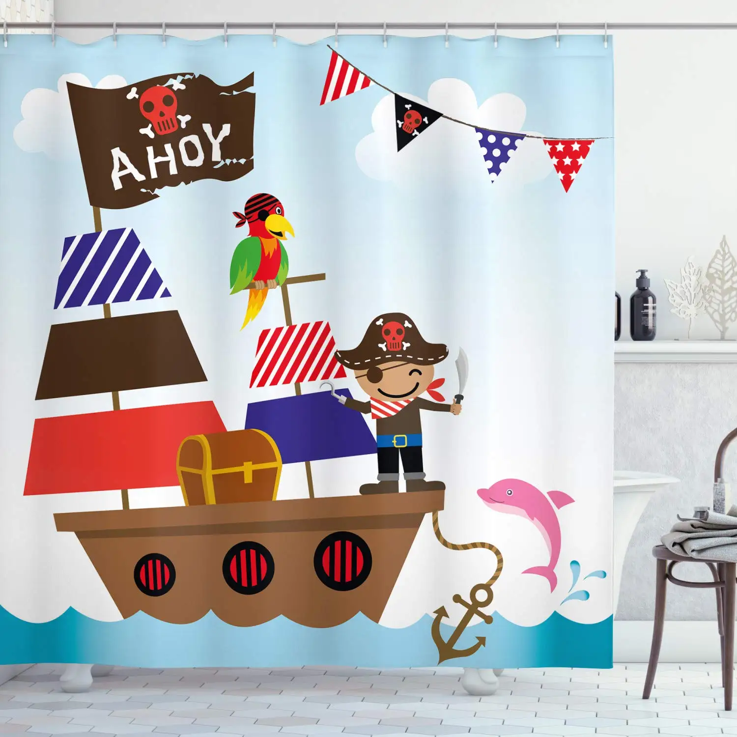 Ahoy Its a Boy Shower Curtain Pirate Kids Treasure Chest with Ship on Ocean Background Illustration Cloth Bathroom Decor Set | Дом и сад
