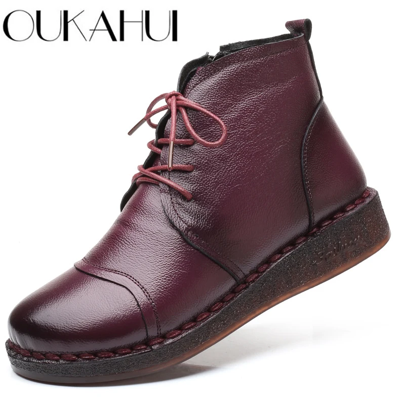 Осенние женские ботинки OUKAHUI из натуральной кожи на шнуровке короткие 2019 зимние