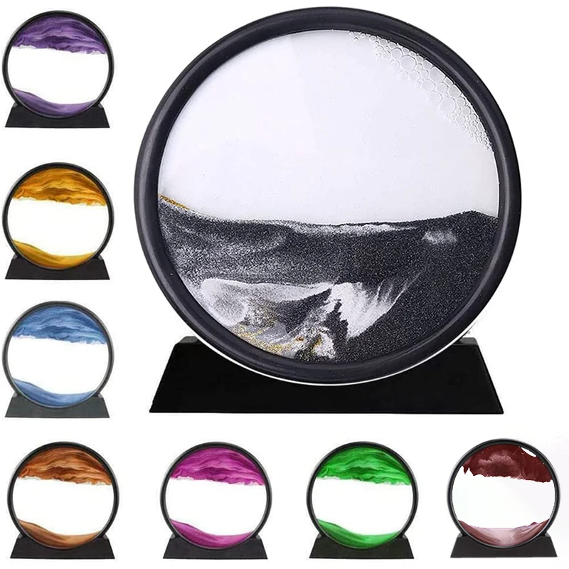 

3D Moving Sand Art Picture 7/12inch Round Glass Deep Sea Sandscape in Motion Display Flowing Sand Frame for Home Office Decor