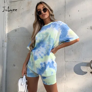 

JULYEE Women Tie-dyed Sets O-Neck Pullover Short Sleeve Top and Elastic Waist Casual Shorts Two Piece Set Sportwear