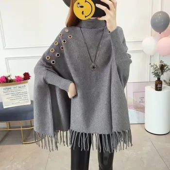 

High Quality Women Oversize Warm Loose Poncho Knitwear Fashion Fall Winter Turtleneck Knitted Hollow Out Tassel Cloak Sweater