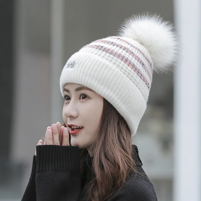 Women Winter Thicken Alphabet embroidery Flanging Warm Ear protectors Little bee Pompom knit hat Female Skull Beanies cap Z205