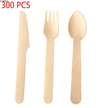 

Disposable Wooden Cutlery 300 pack -Forks(100), Knives(100) and Spoons(100), Perfect Alternative For Plastic