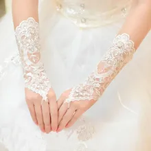 Свадебные перчатки кружевное с аппликацией из бусин Свадебные перчатки без пальцев Длина запястья с лентой Свадебные аксессуары Горячая Распродажа