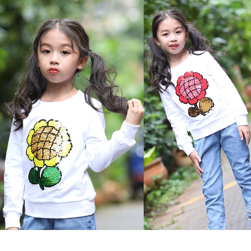 Модная футболка для девочек; осенние толстовки с длинными рукавами с блестками для подростков; Детские хлопковые топы с сердечками; детская спортивная одежда с блестками