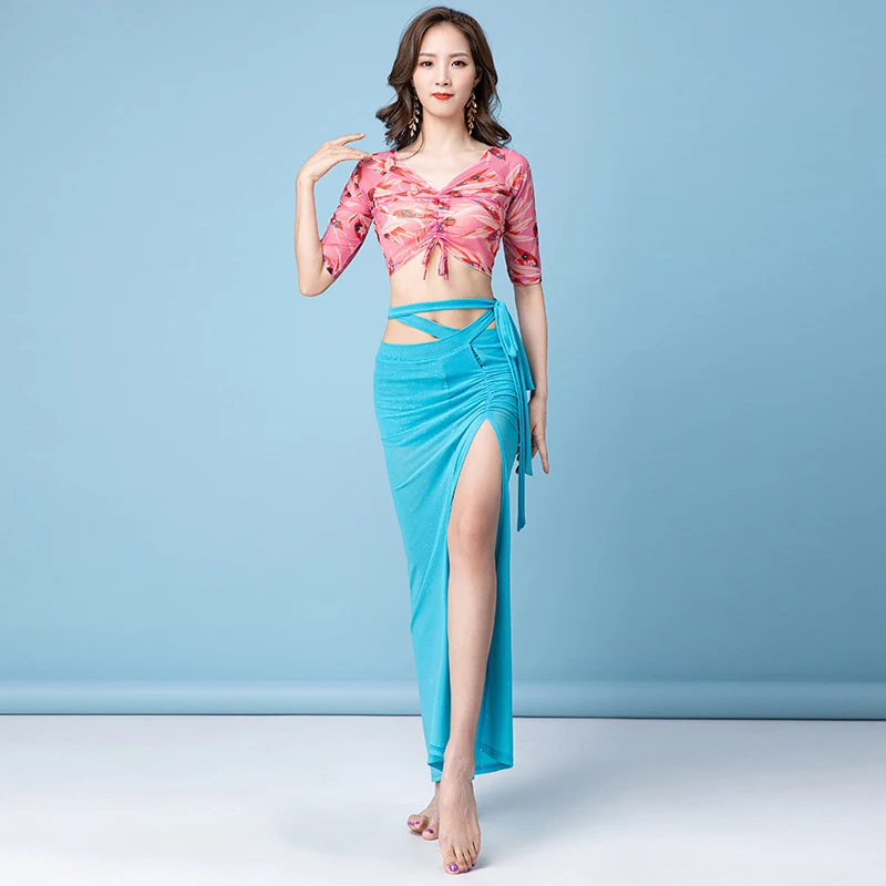Flowery Tank Top+Long Skirt 2pcs set Mesh Fabric Belly Dance Costumes Dancewear 
