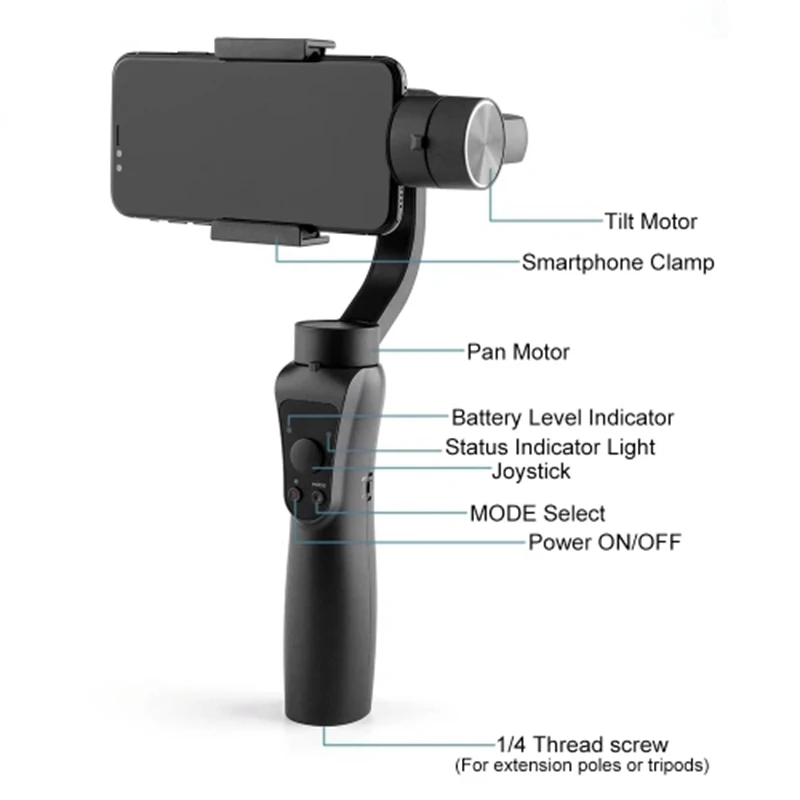  3-Axis Handheld Gimbal W/ Tripod Tray Stabilizer Selfie Stick for Smartphone Gopro 3/4/5/6