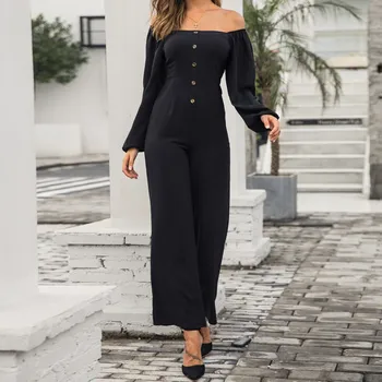 

Autumn New Women Girls Fashion Jumpsuits Black Solid Square Collar Button Zipper Long Sleeve Wide Leg High Street Jumpsuit 2019