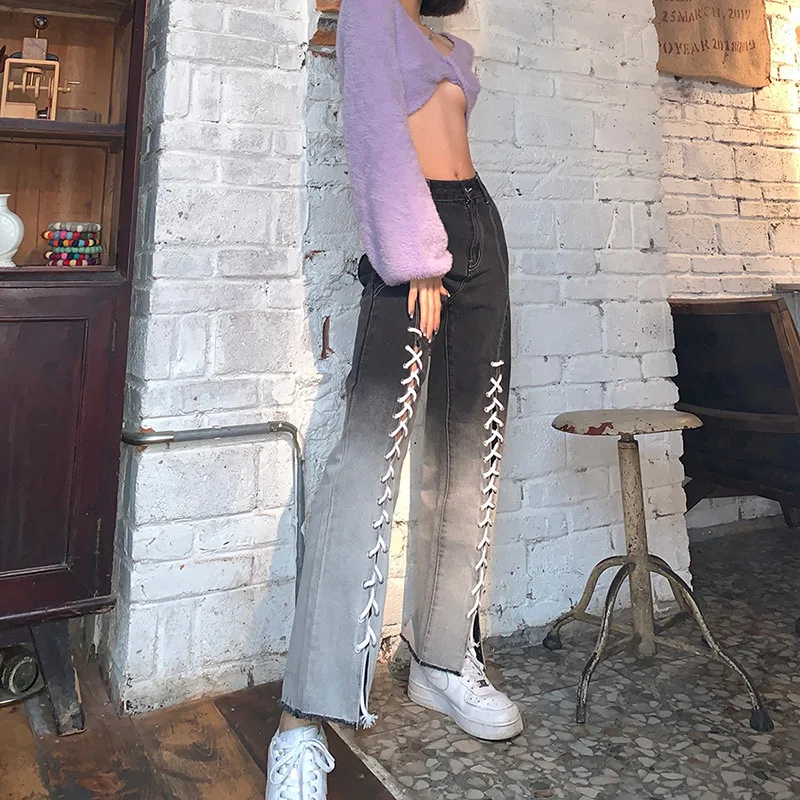 

NCLAGEN Gradient Color Cross Bandage Split Flare Pants Women Jeans 2021 Fashion Empire Waist Aesthethic Casual Denim Trousers