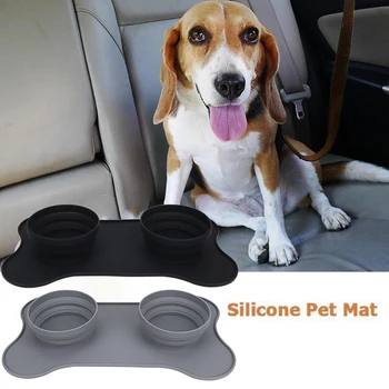

Roll Up Double Container Easy Clean Multifunctional Collapsible Dog Bowl Travel Home Portable Feeding Mat Soft Silicone Reusable