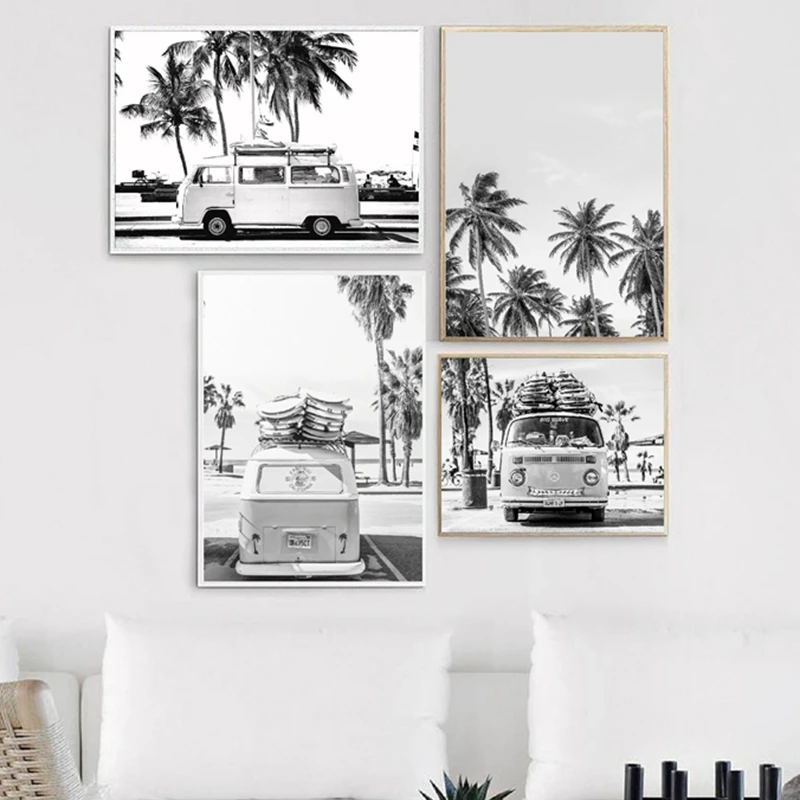 Camper-Van-Beach-Surf-Print-Palm-Tree-Art-Canvas-Painting-Black-and-White-Photography-Ocean-Poster (3)