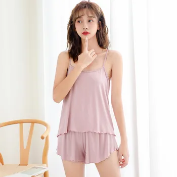 

Solid Korean Style Pajamas Sets Short Comfortable Sleeveless Pajamas Sleepwear Sets pizama damska bluza 2020 #35