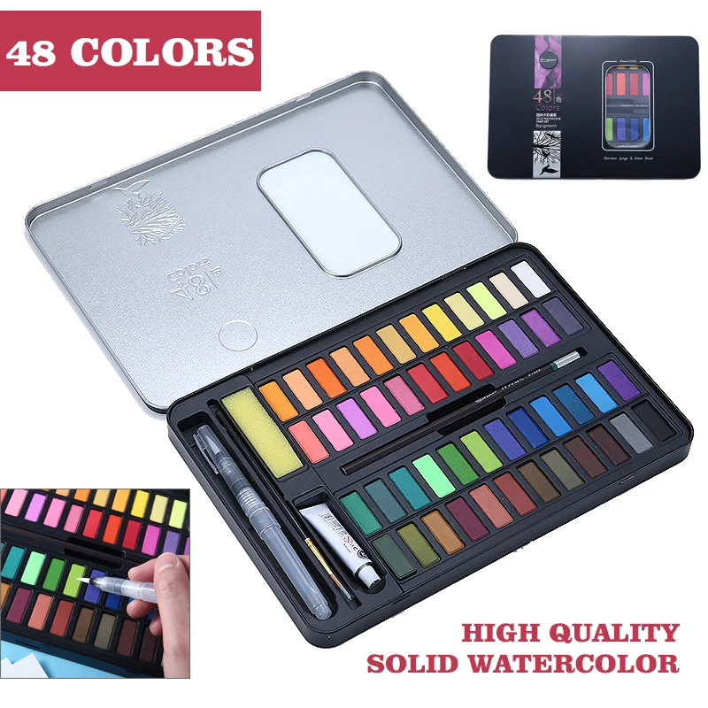 

48 Colors Portable Water Color Pigment Solid Watercolor Paint Set Art Pigments Kit With Water Brush Pen For Drawing