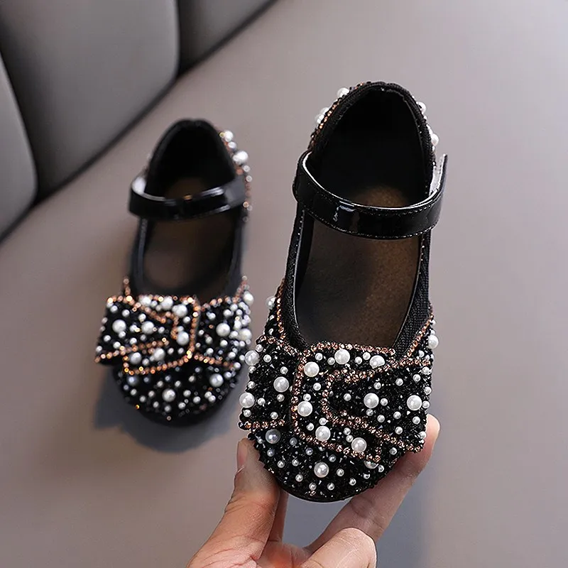 New Girls Single Shoes Spring Autumn Child Casual Rhinestone Bow Hook Loop School Children's Dance Shoes Performance Flats