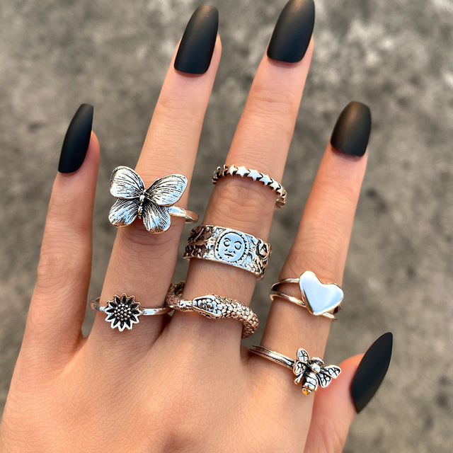 Gothic Heart Ring Set for Women Flame Pentagram Vintage Spades Ace Silver Plated Retro Charm Billiards Finger Jewelry