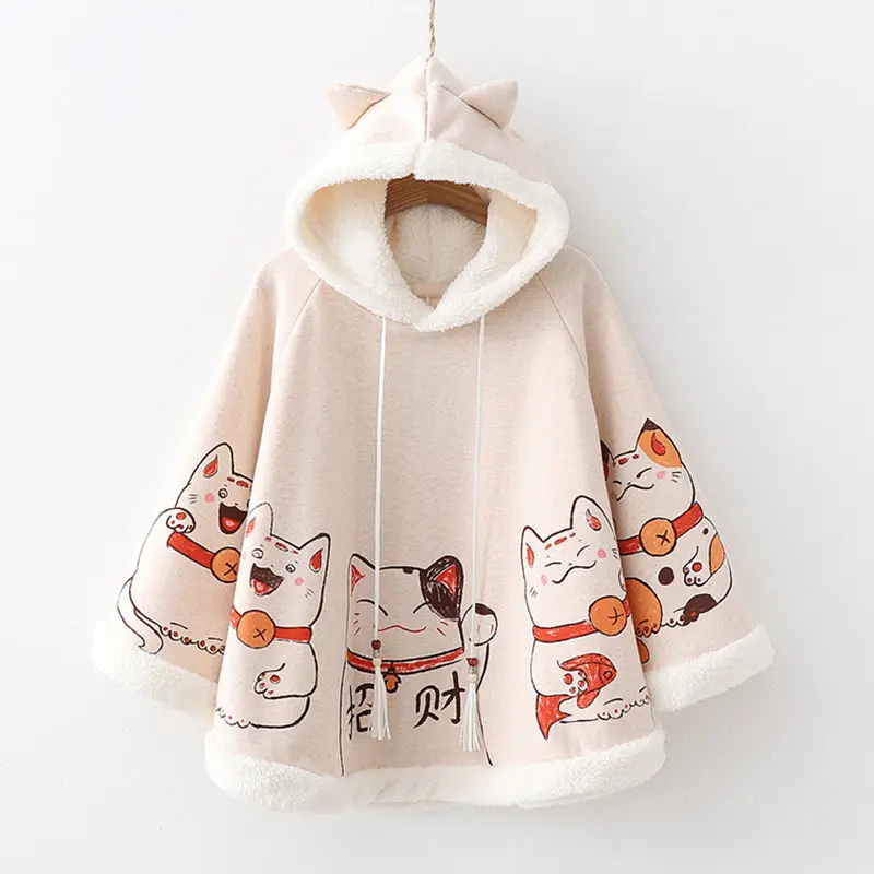 Плащ в стиле Лолиты Kawaii Lucky Cat, толстовка с ушками Mori, теплый зимний Свободный плащ для девочек, японский костюм для школьниц Harajuku