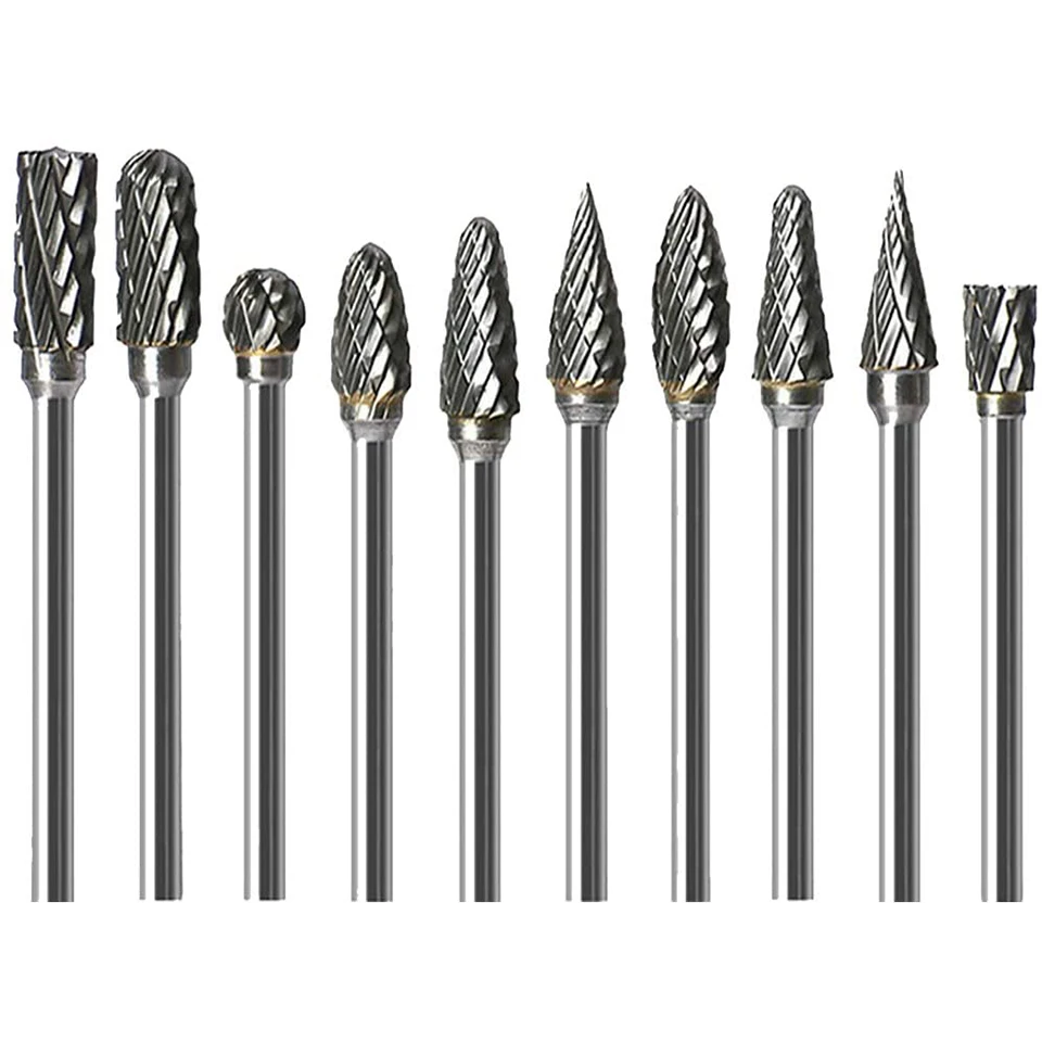 

10Pcs 1/8" 3mm Shank Tungsten Carbide Burr Bits Rotary Cutter Files CNC Engraving Tool Set For Woodworking Rotary Tools