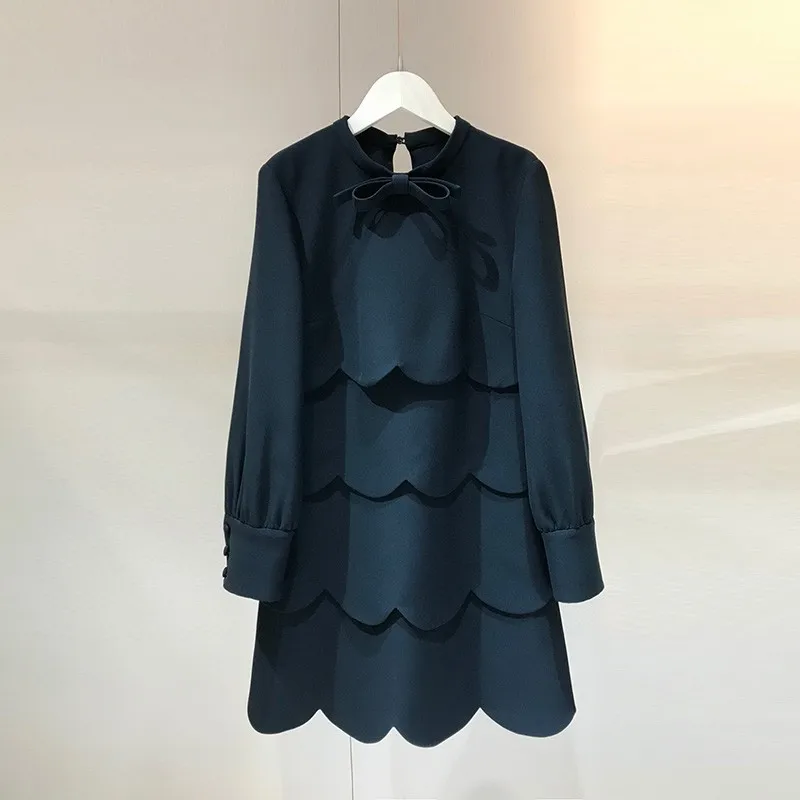 

Top Quality Designer Clothes 2020 Autumn New Layers Scallop Patchwork 100% Real Silk Long Sleeve Sweet Dresses For Party