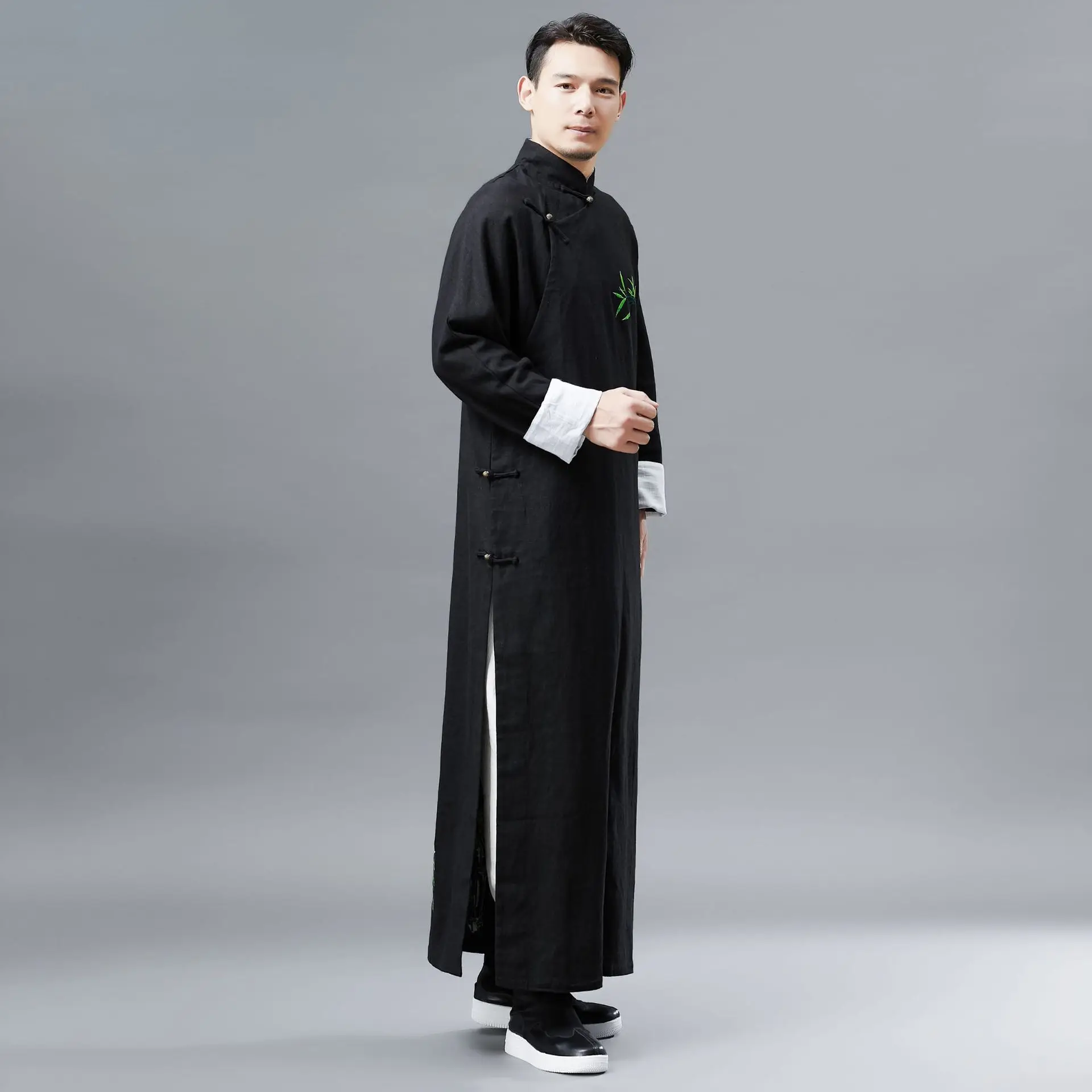 Осень длинный рукав мужской китайский национальный стиль длинный Hanfu вышитый национальный костюм с одной пуговицей хлопок