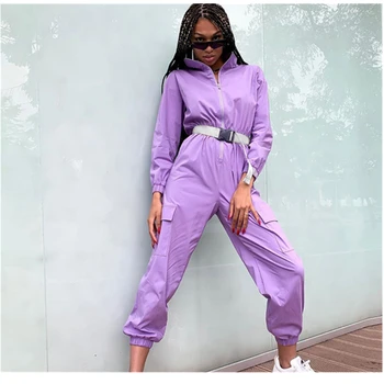 

Women Fashion Playsuit Full Sleeve Zipper Solid Pocket Loose Jumpsuits Rompers 2020 Female Elastic Skinny Bodysuits