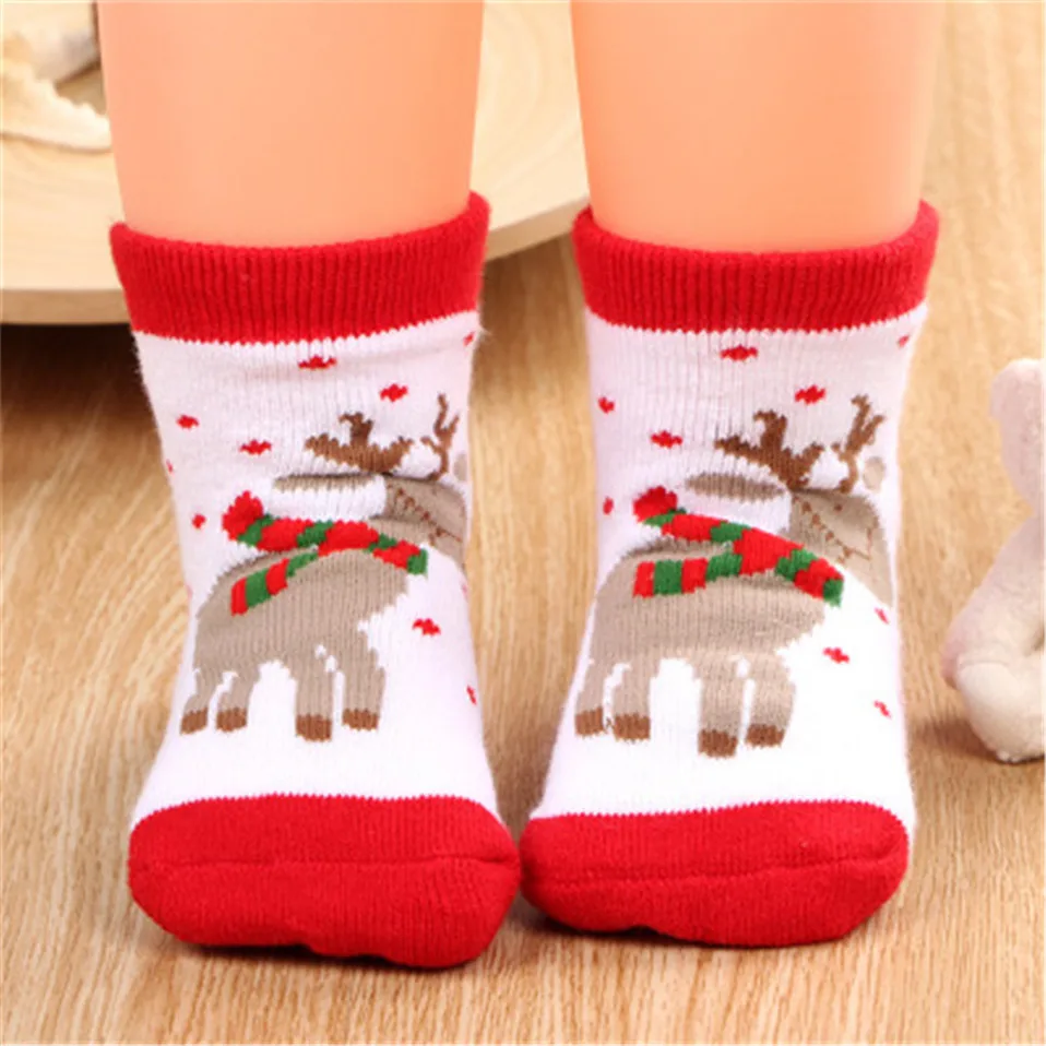 Новинка года; хлопковые детские носки для маленьких мальчиков и девочек; сезон весна-зима-осень махровые носки в полоску с рисунком снежинки, лося, Санта-Клауса, рождественского медведя