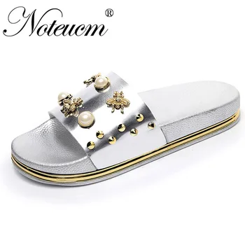 

summer female femme tong sliders Silver Gold metal dame huose beach outside slipper flat pool shoe slide with bee for women tap