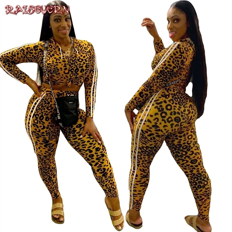 

2019 Spring Tracksuit Long Sleeve Leopard Print Hooded Sweatshirt 2 Piece Set Casual Sport Suit Side Striped Women Tracksuit Set
